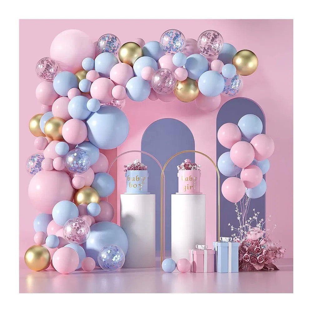 Baloane decorative pentru GENDER PARTY, ANGELBEAR, Arcada Set 130  baloane, Arcul de Baloane Roz si Albastru, Baloane Confetti Aurii, Multicolor